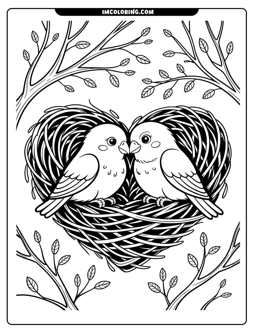 Coloring page of Two cute birds sitting inside a heart-shaped twig nest surrounded by leafy branches in a forest