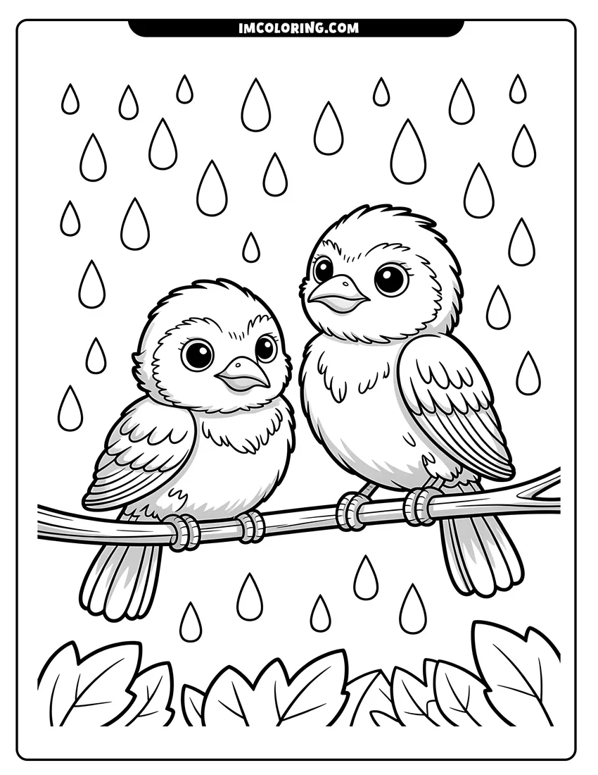 Clean line drawing: Two cute birds with big eyes sitting on a tree branch during a rainy day with raindrops falling