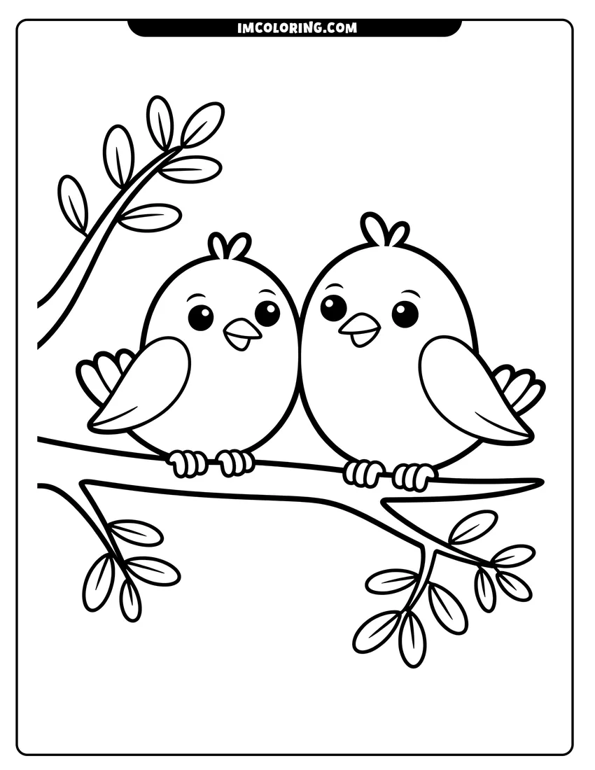 Coloring page for kids: Two cute cartoon birds with big eyes sitting side-by-side on a tree branch with leaves