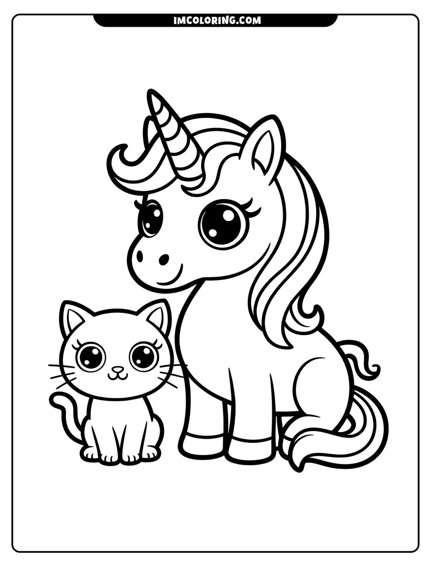 Outline drawing of A baby unicorn and a small kitten sitting side by side with large expressive eyes and simple outlines