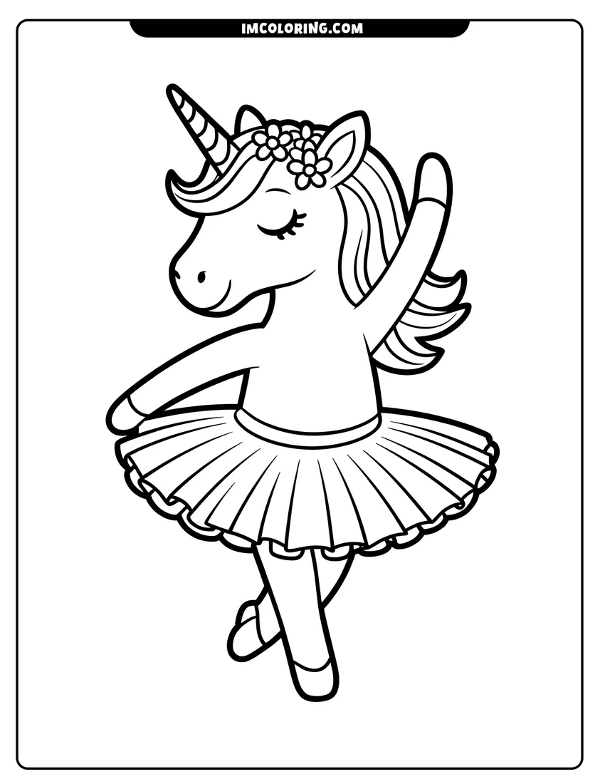 Coloring page for kids: A cute unicorn wearing a tutu and flower crown performing a ballet dance with its arms raised