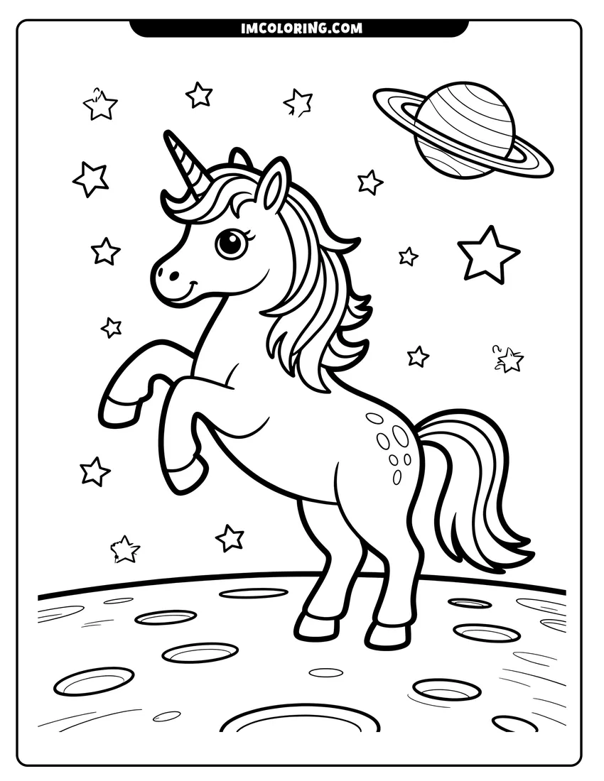 Vector style outline of A cute unicorn prancing on the moon surface surrounded by many stars and a ringed planet