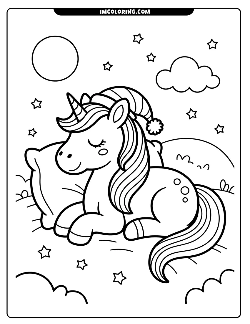 Full page coloring image of A cute unicorn wearing a nightcap sleeps on a pillow under a moon and many twinkling stars