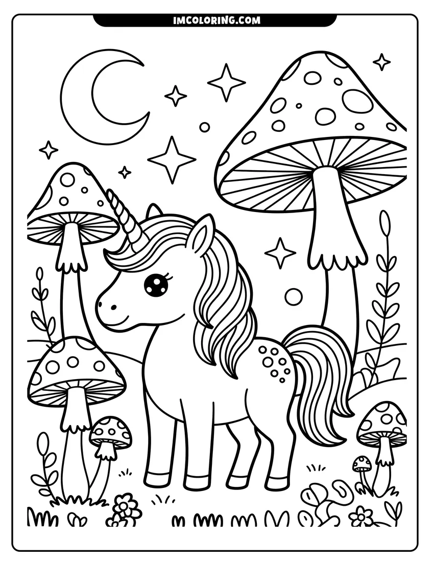 Coloring sheet featuring A cute unicorn standing among large spotted mushrooms under a glowing crescent moon and twinkling stars