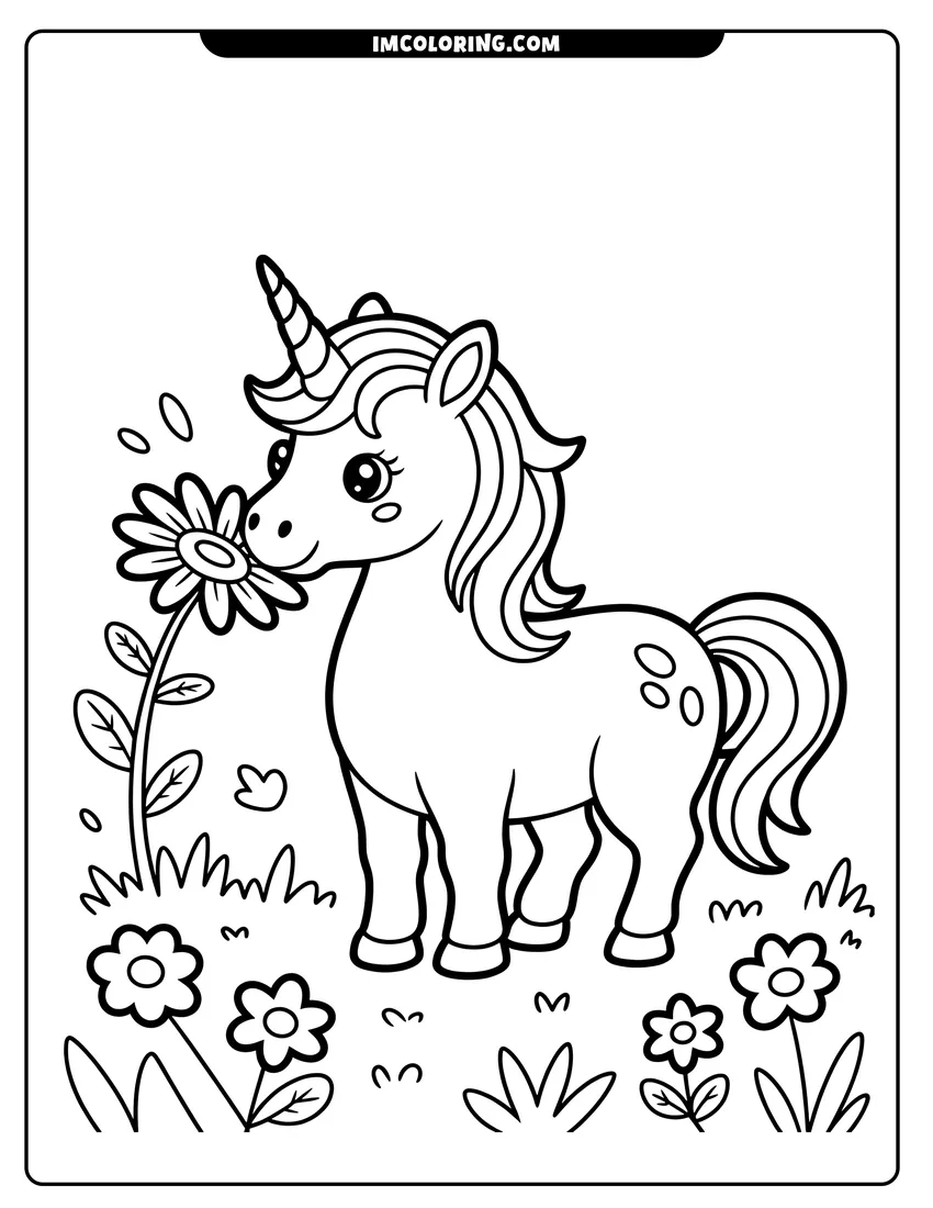 Printable line art of A cute cartoon unicorn standing in a grassy field sniffing a large daisy surrounded by small flowers