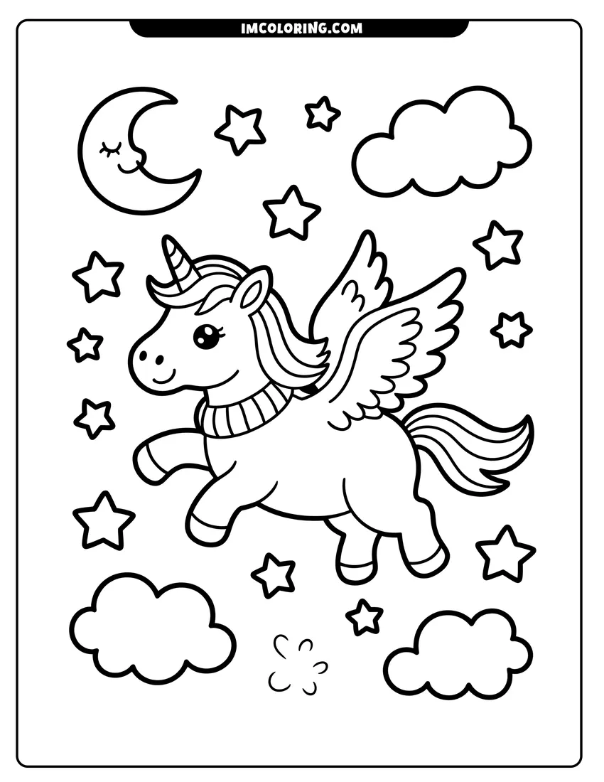 Full page coloring image of A cute winged unicorn flying through a night sky filled with stars, clouds, and a crescent moon