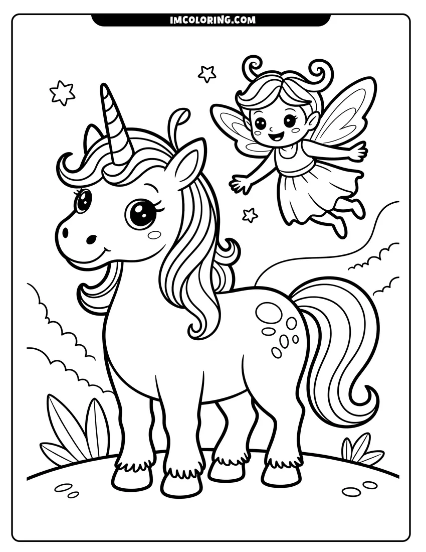 Clean line drawing: Line art of a unicorn standing in a field with a smiling fairy flying over its shoulder