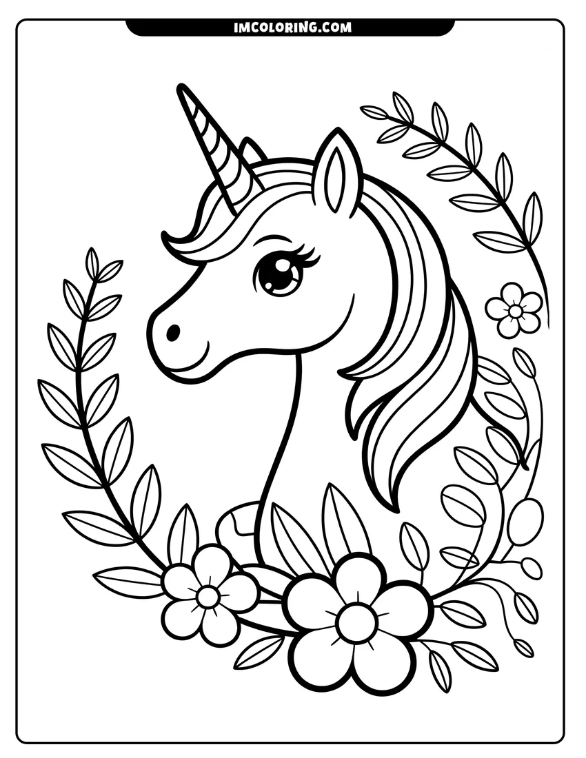 Coloring sheet featuring A cute unicorn head surrounded by a floral wreath of blooming flowers and leafy stems