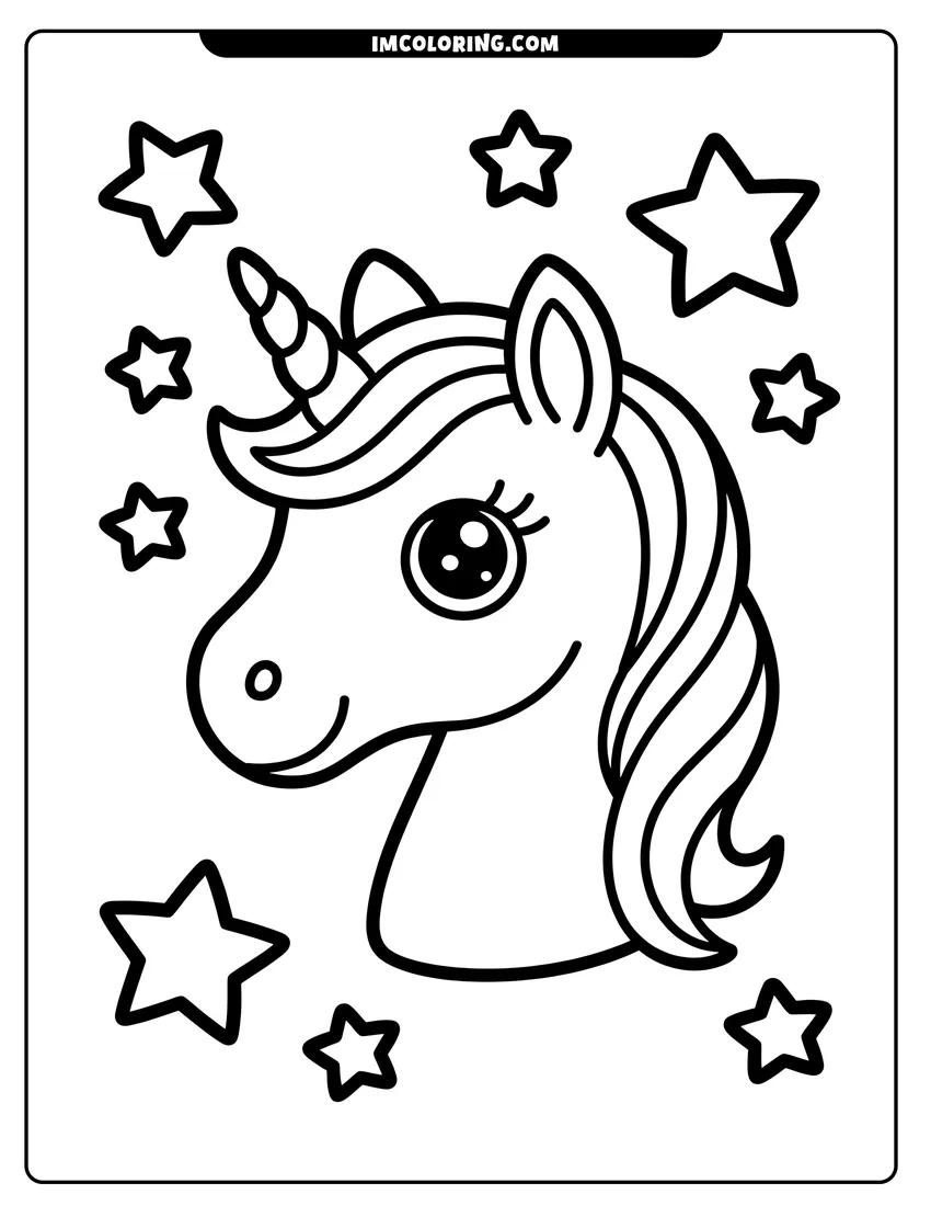 Vector style outline of A cute unicorn head with a long mane and big eyes surrounded by several five-pointed stars