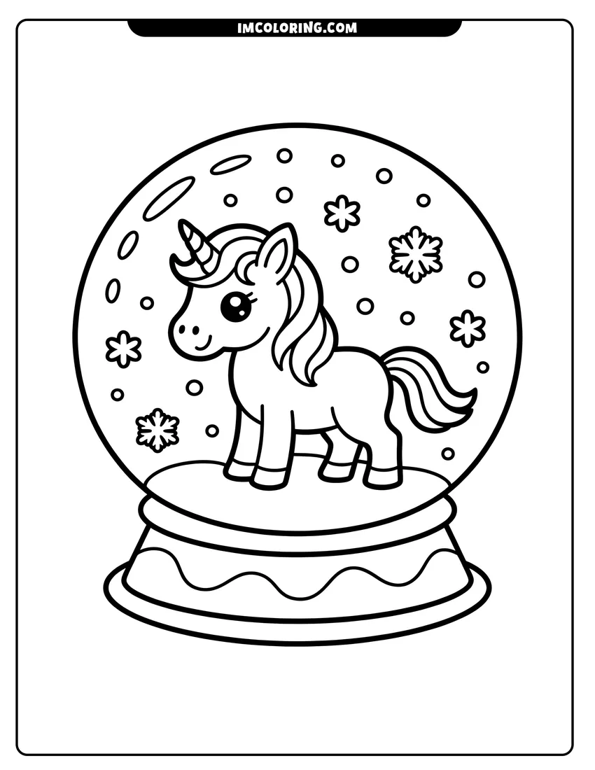Outline drawing of A cute baby unicorn standing inside a glass snow globe surrounded by falling snowflakes and winter patterns