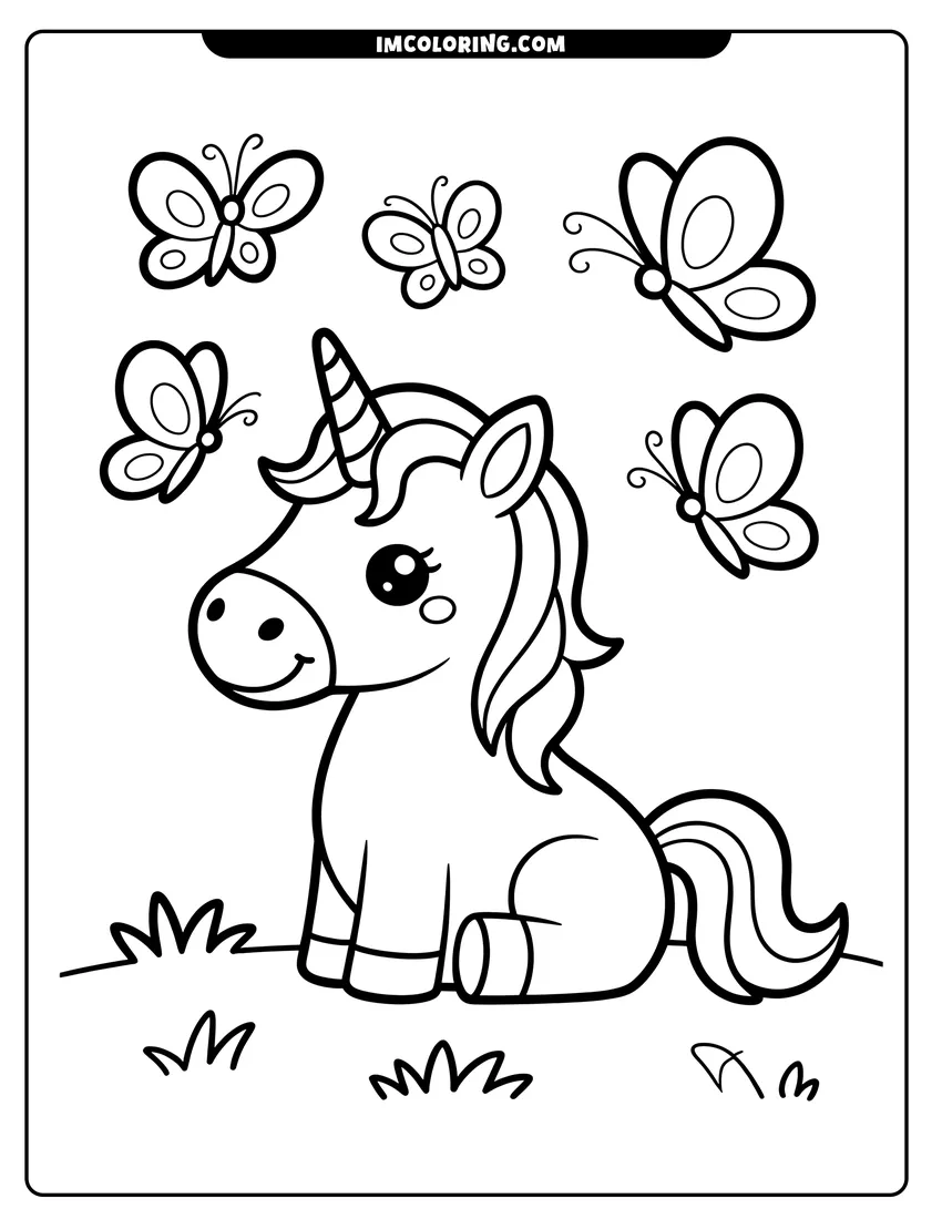 Free printable coloring sheet of A cute baby unicorn sitting on the grass surrounded by five fluttering butterflies in a simple garden