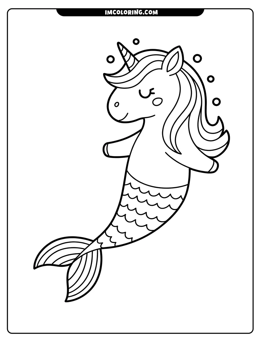 Downloadable coloring page of A cute mermaid unicorn with a fish tail and a horn swimming surrounded by small bubbles