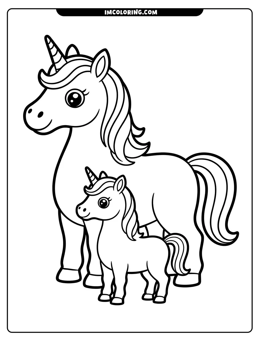 Doodle style coloring picture of A mother unicorn and her baby foal standing together with friendly smiles and flowing manes