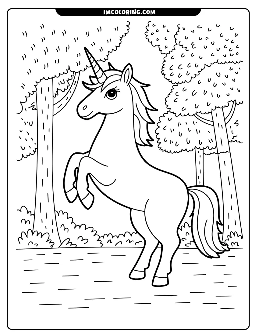 Clean line drawing: A majestic unicorn rearing up on its hind legs in a forest surrounded by tall leafy trees