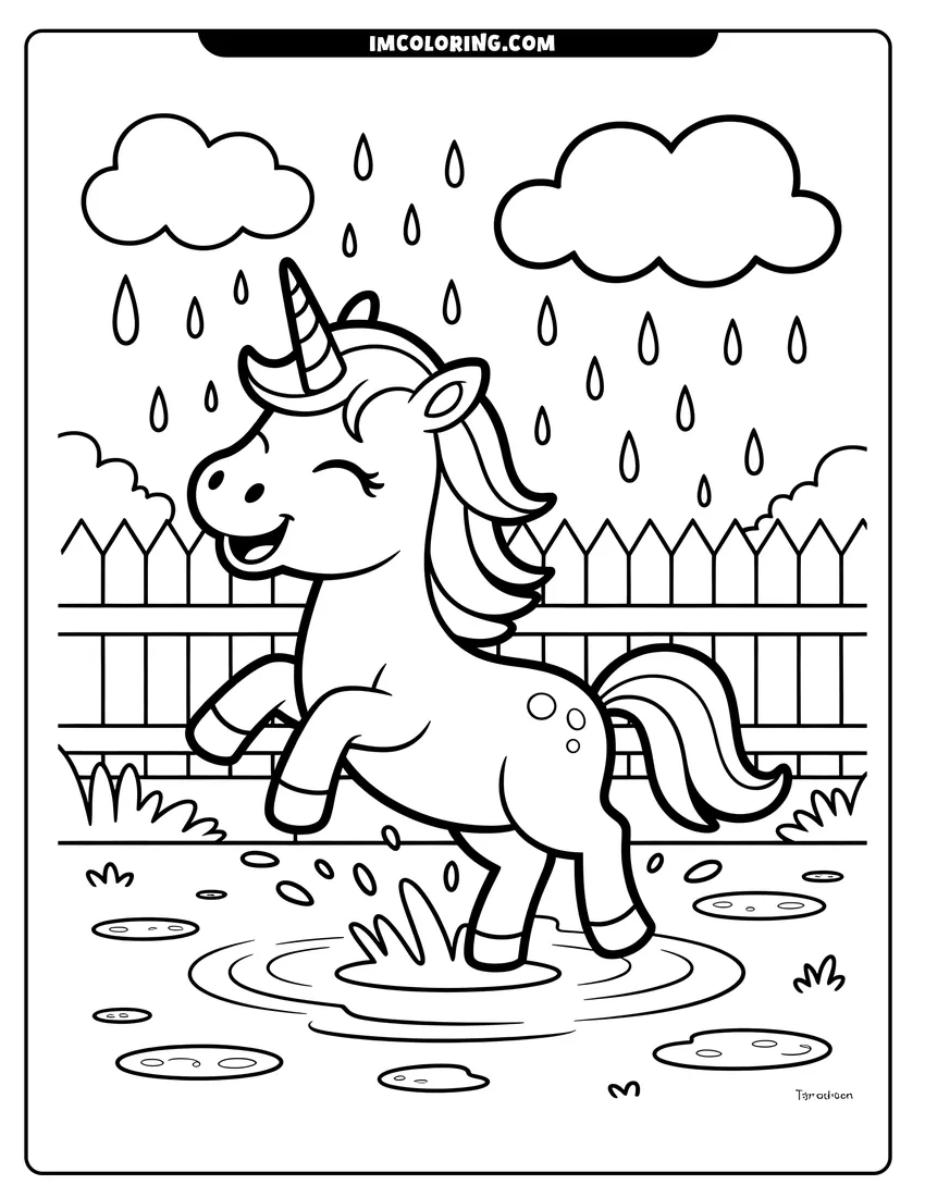 Coloring sheet featuring A happy unicorn jumping into a rain puddle in front of a fence under rainy clouds