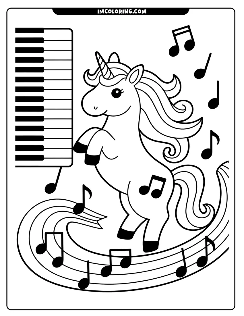PDF style coloring page: A cute unicorn with a swirly mane dancing next to a piano keyboard surrounded by floating musical notes
