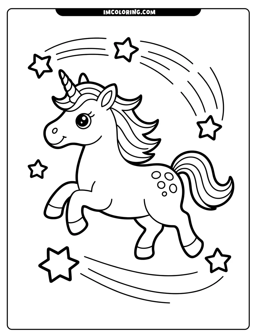 High quality printable A cute cartoon unicorn jumping in the air surrounded by several shooting stars with thick black outlines for coloring