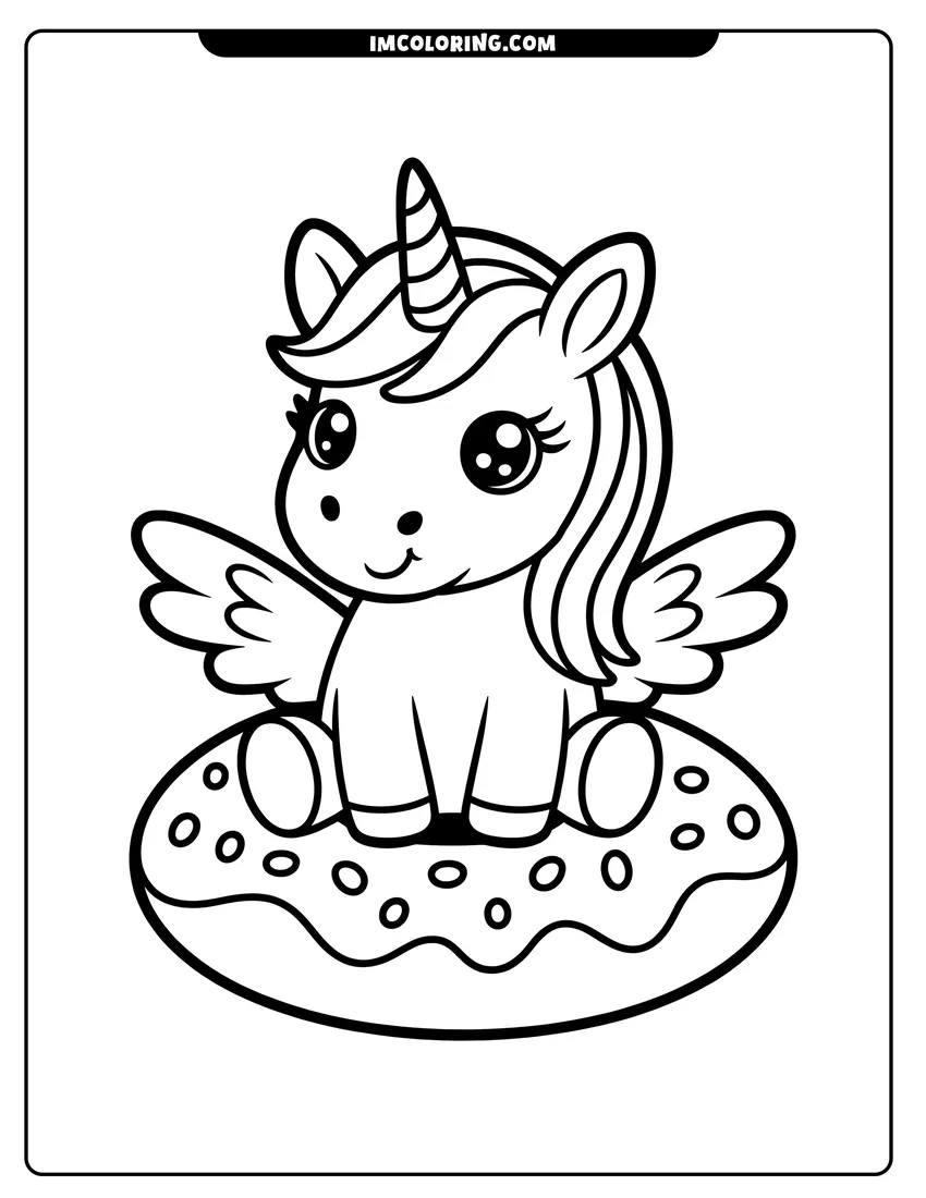 Printable line art of A cute winged unicorn with big eyes sitting happily on top of a large sprinkled donut