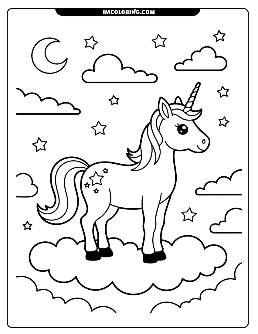 Linear illustration of A cute unicorn standing on a cloud surrounded by stars and a moon in the night sky
