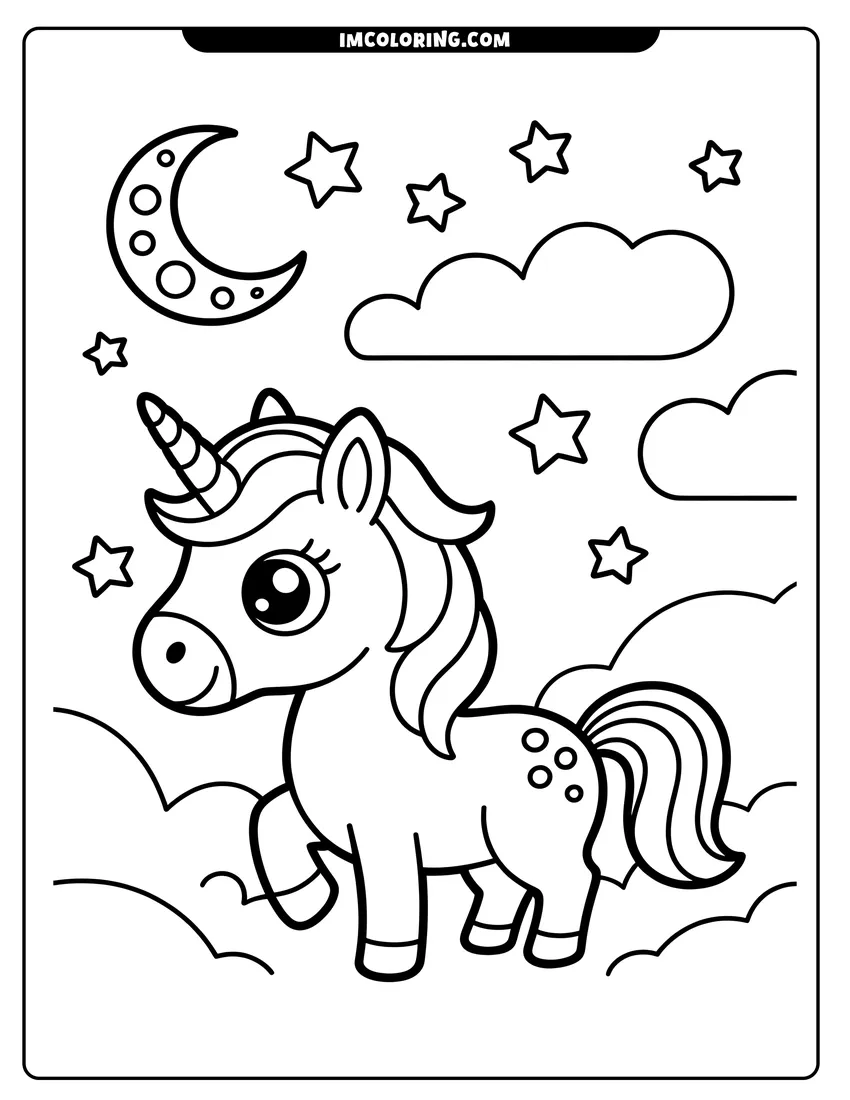 Printable coloring page of A cute cartoon unicorn stands on fluffy clouds beneath a crescent moon and several small stars
