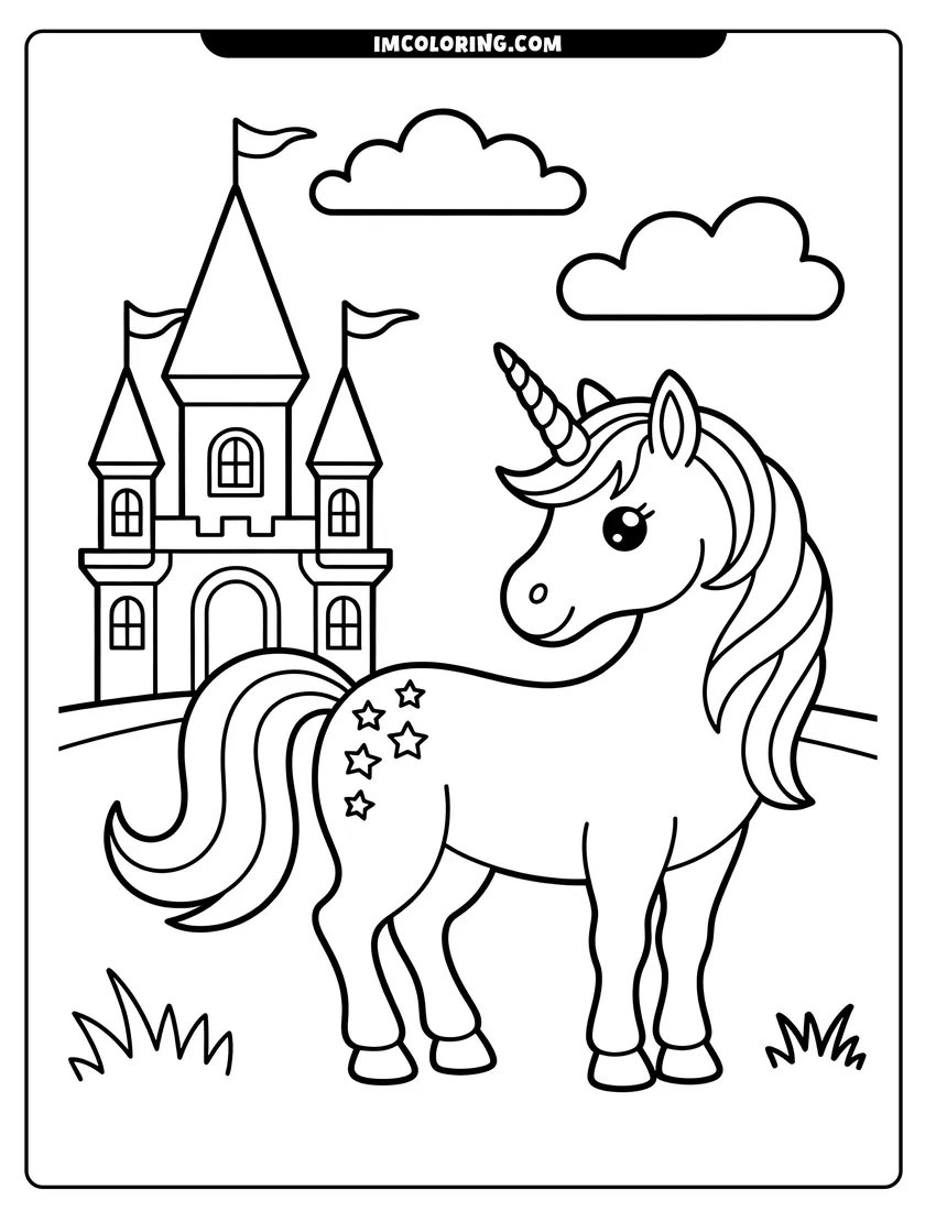 Doodle style coloring picture of A cartoon unicorn with star patterns standing in a field before a tall castle with clouds