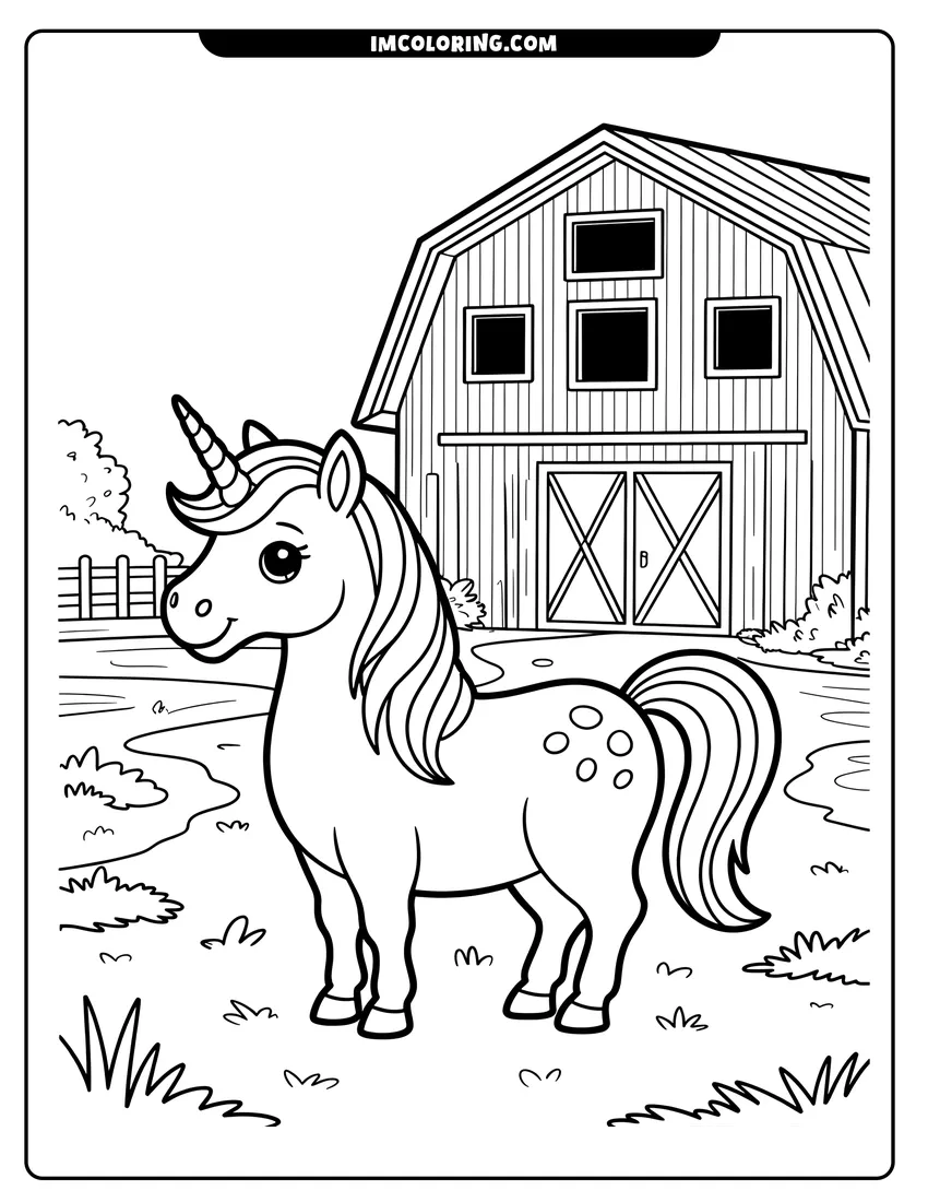Linear illustration of A cute unicorn with a long mane standing in a farm field in front of a barn