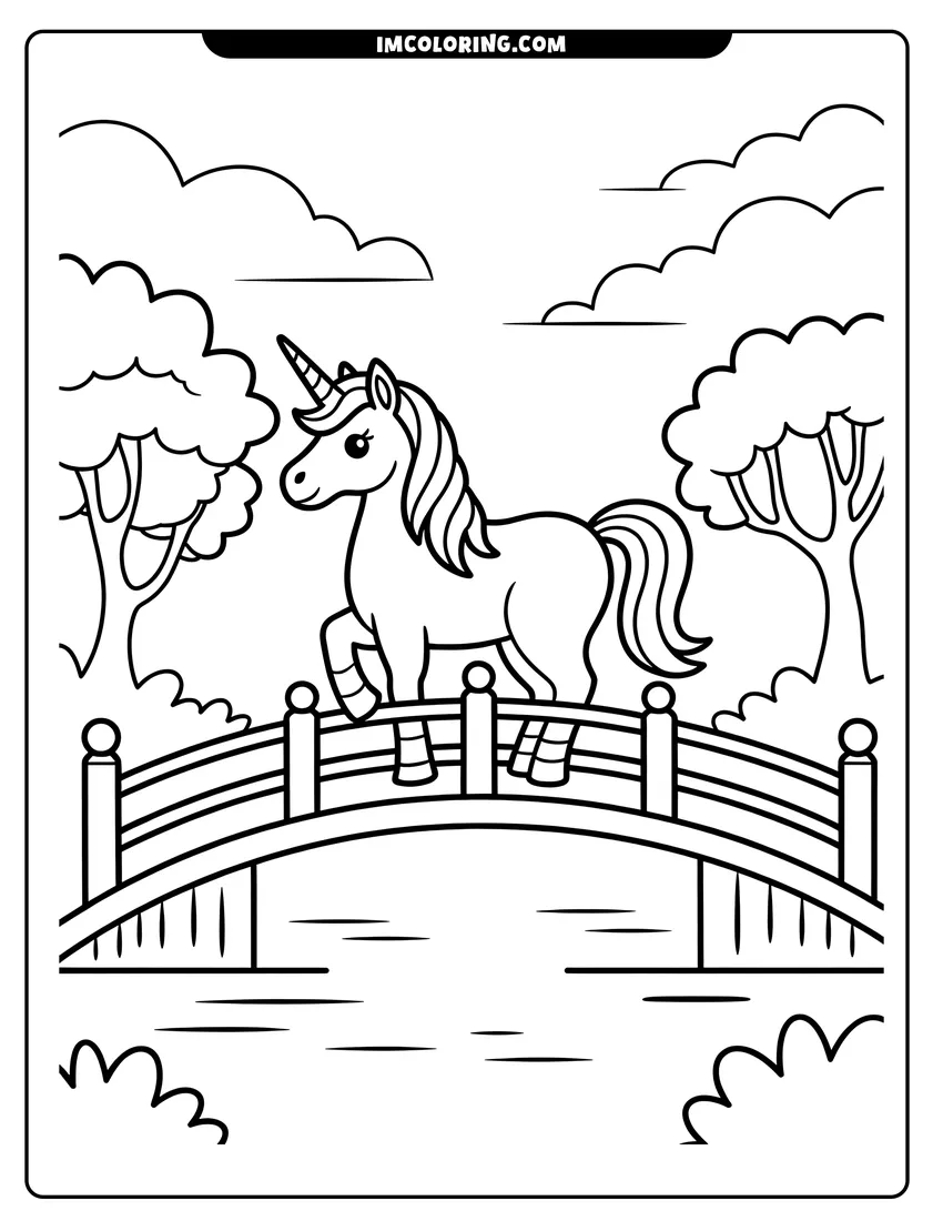 Free to print drawing of A cute unicorn standing on a bridge over a river with trees and clouds in the background