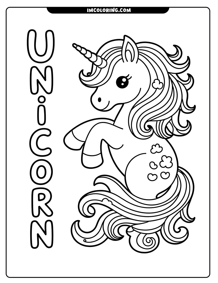 High quality printable A cute unicorn with a wavy mane and hearts on its flank next to the word unicorn for coloring