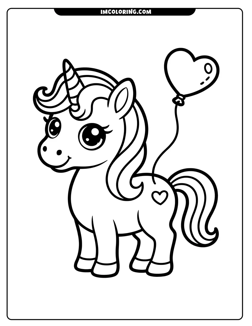 Vector style outline of A cute baby unicorn with large eyes standing next to a heart-shaped balloon tied to its back