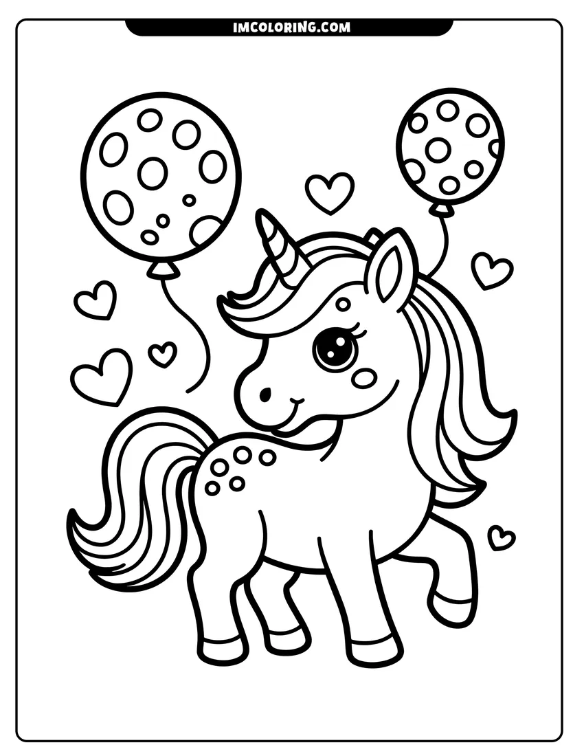 Full page coloring image of A cute baby unicorn standing among hearts and holding two polka-dot balloons with its magic