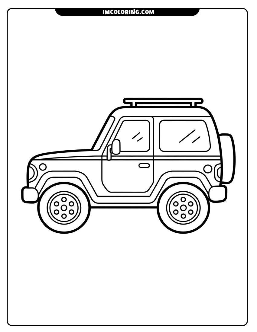 Full page coloring image of A simple outline of an off-road SUV with a roof rack and spare tire for kids to enjoy