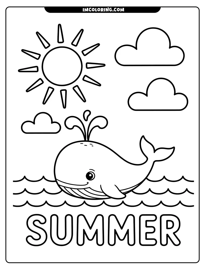 Clean line drawing: A happy whale blowing water from its blowhole in the ocean under a sun and clouds