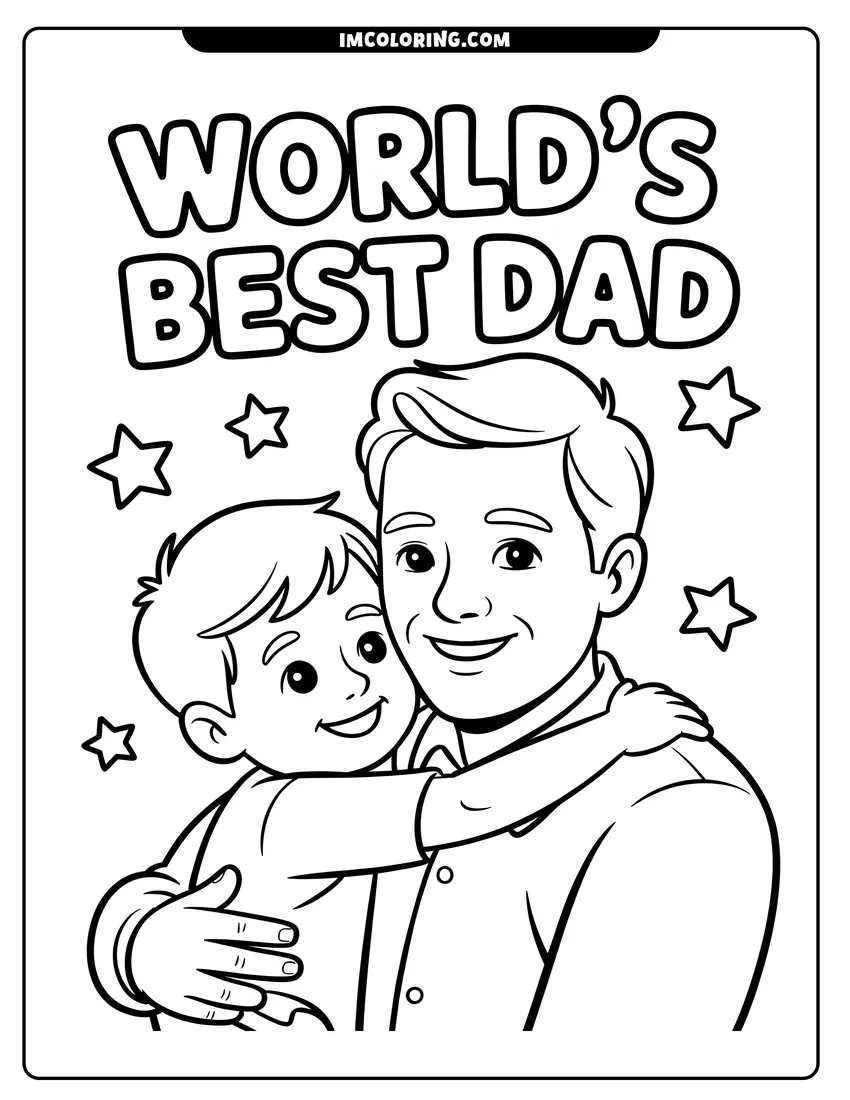 Full page coloring image of A smiling boy hugging his father with the text World's Best Dad and stars in the background