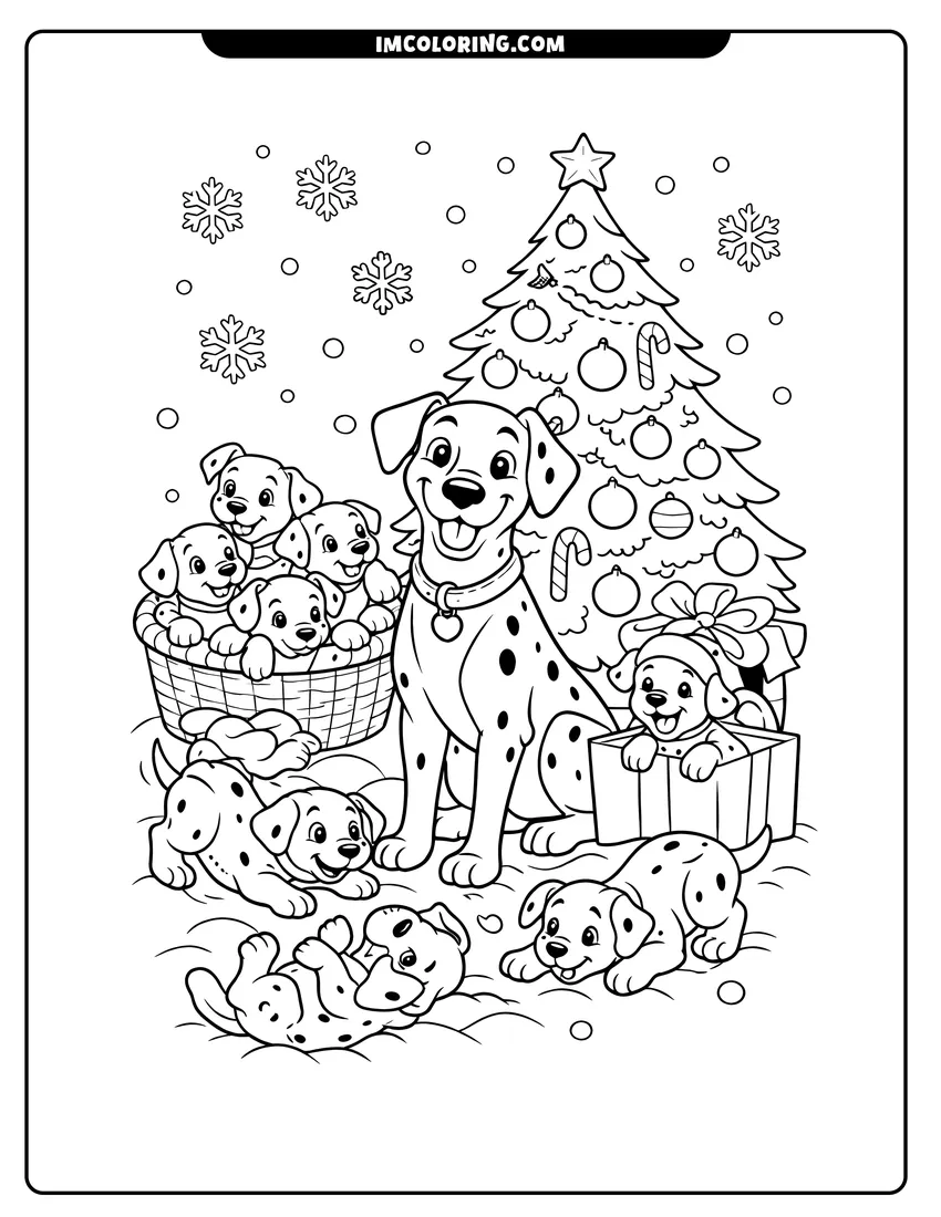 Dalmatian puppies playing in snow by a Christmas tree coloring page for preschoolers