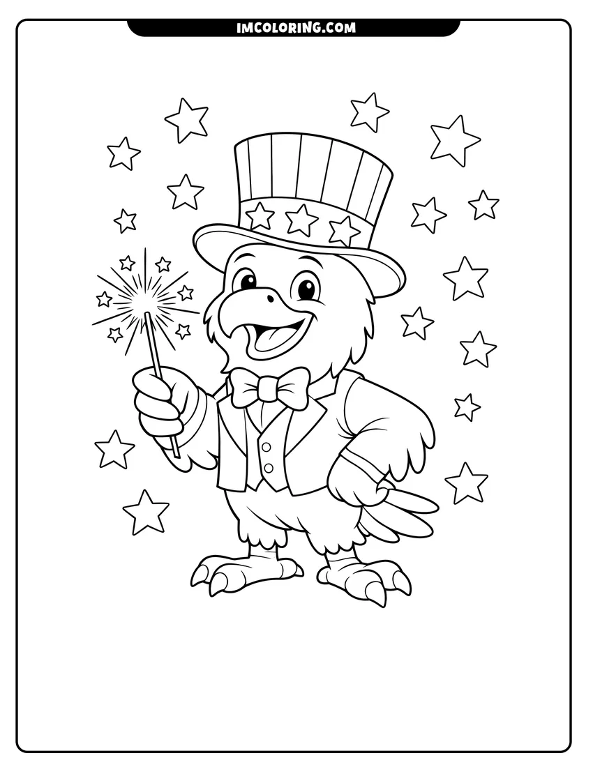 Printable coloring page featuring Eagle in Uncle Sam hat holding a sparkler