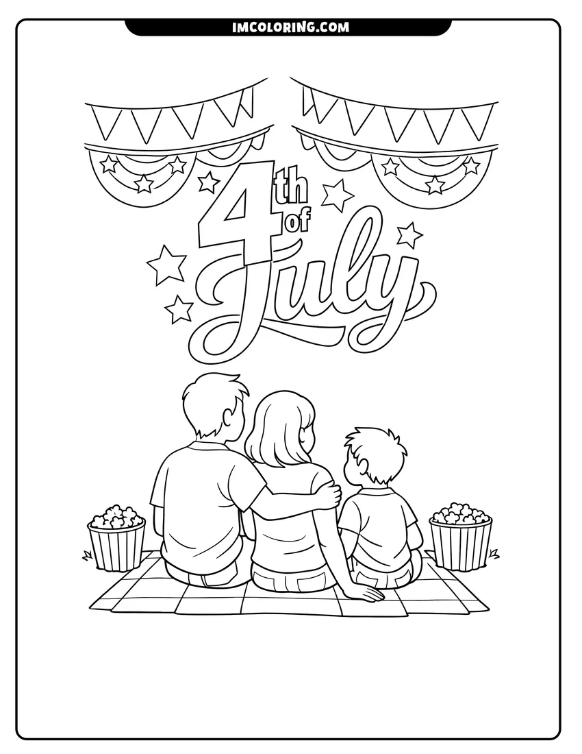 Illustration of Family sitting on a blanket watching for fireworks ready for painting