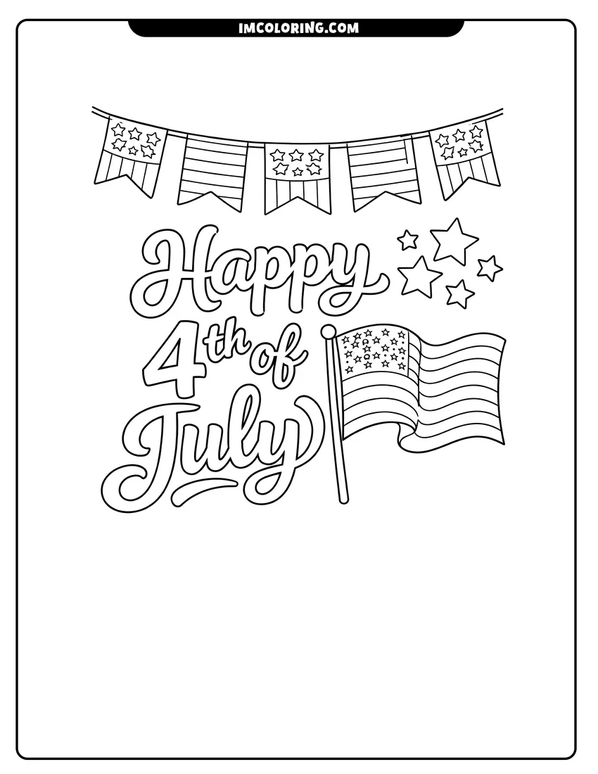 Black and white Happy 4th of July text with flag banner coloring sheet