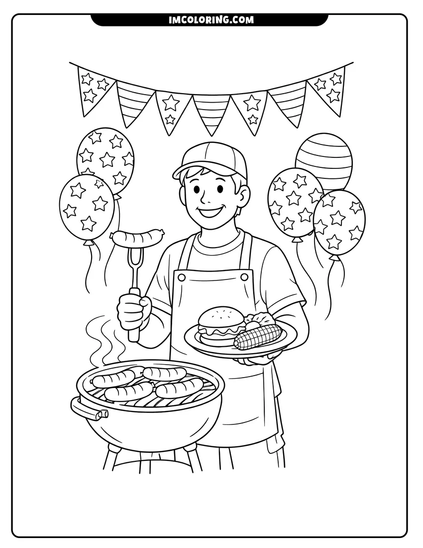 Simple line drawing of Man grilling sausages with balloons and banners
