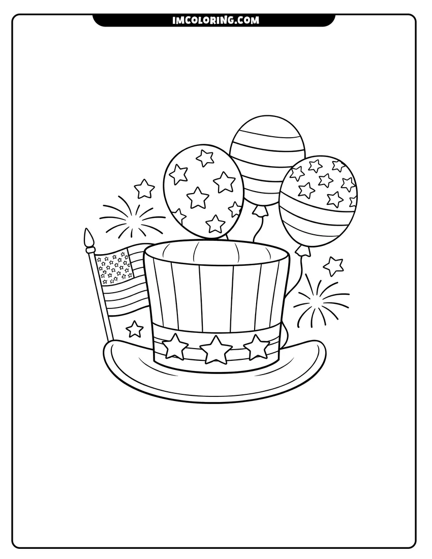 Printable Uncle Sam hat with flag and balloons coloring activity
