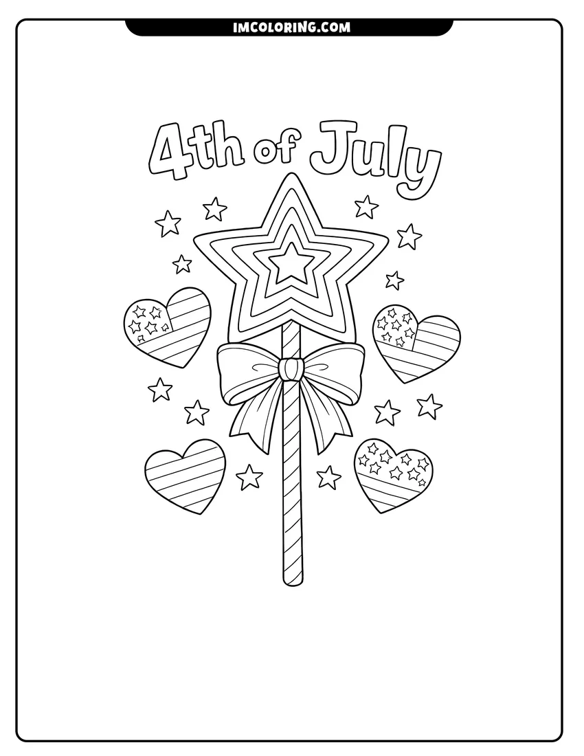 Simple line drawing of Star wand with patriotic hearts and stars