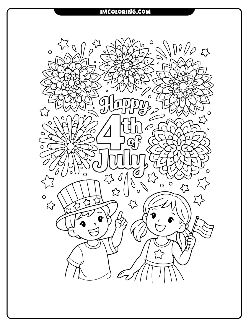 Easy-to-color Mandala style fireworks with Happy 4th of July text illustration