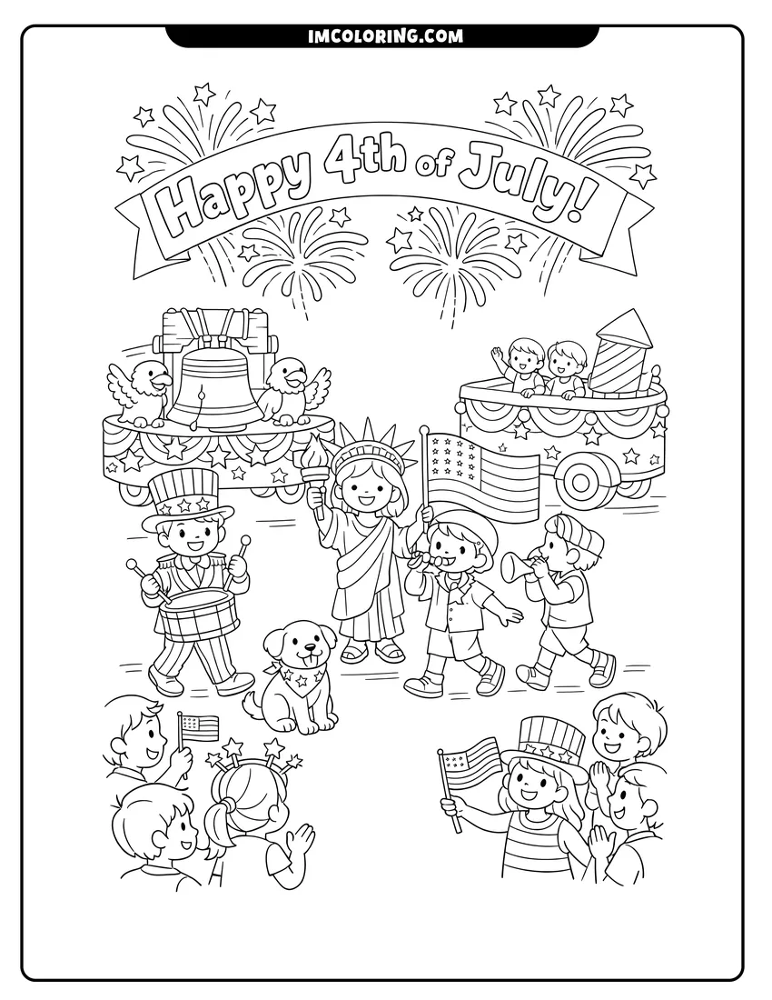 Kawaii style Parade with floats and marchers under a happy banner coloring picture