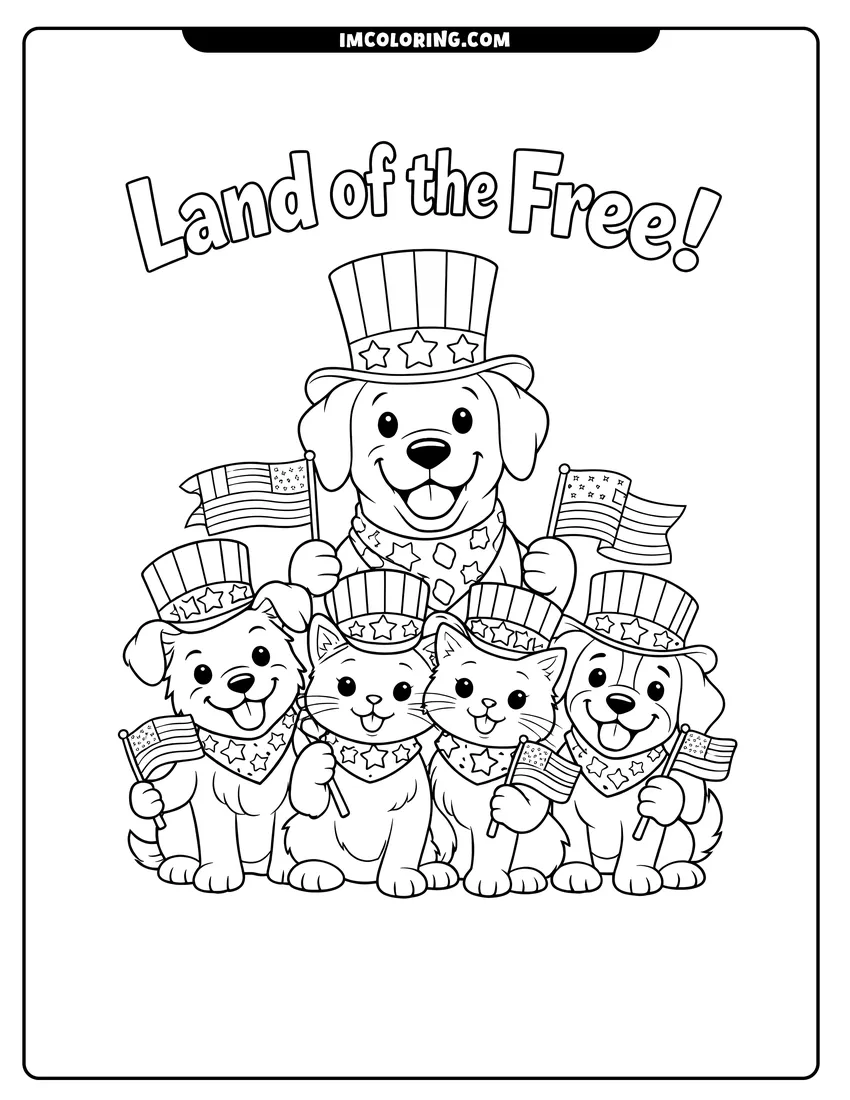 Outline of Cats and dogs in patriotic costumes with flags on a white background
