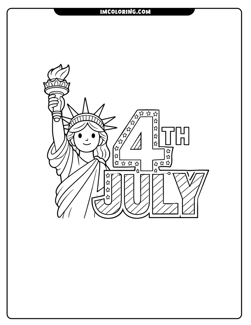Simple line drawing of Statue of Liberty with 4th July text