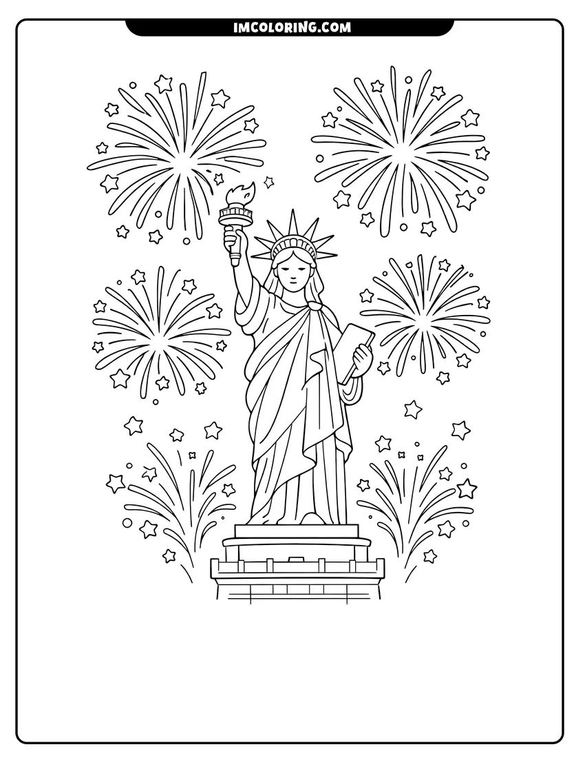Kawaii style Statue of Liberty with exploding star fireworks coloring picture