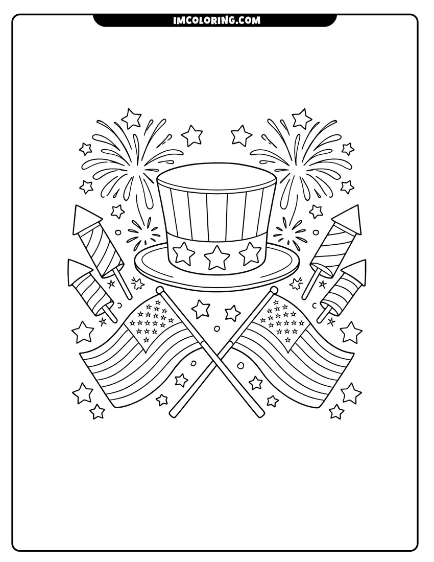 Cute Uncle Sam hat with crossed flags and fireworks outline for coloring