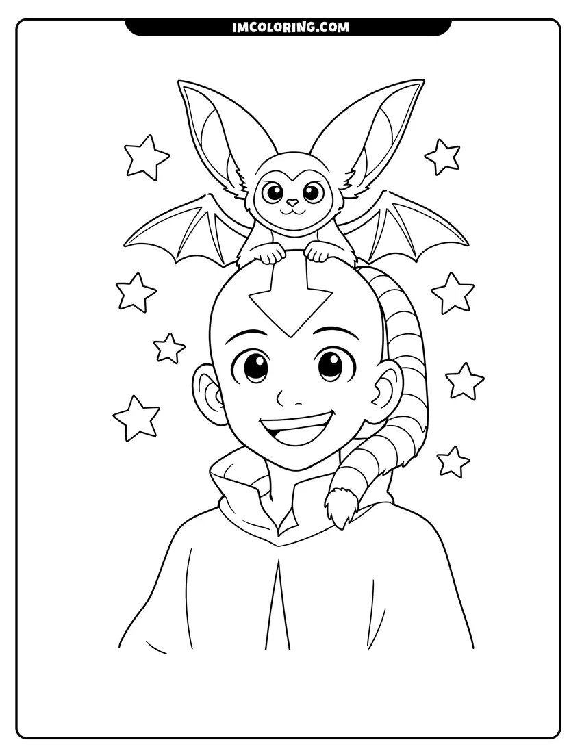 Cute Aang and Momo surrounded by stars outline for coloring
