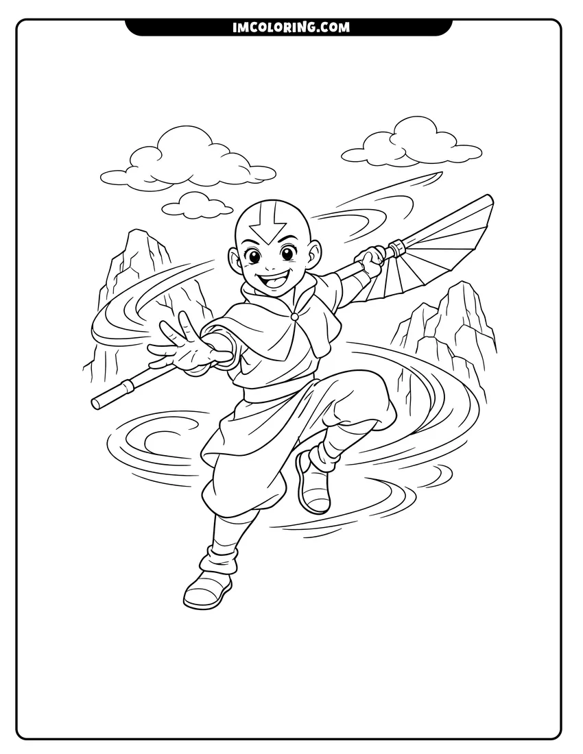 Coloring sheet of Aang practicing with his glider staff for kids