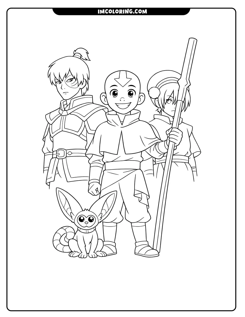 Aang Zuko and Toph standing together coloring page for preschoolers