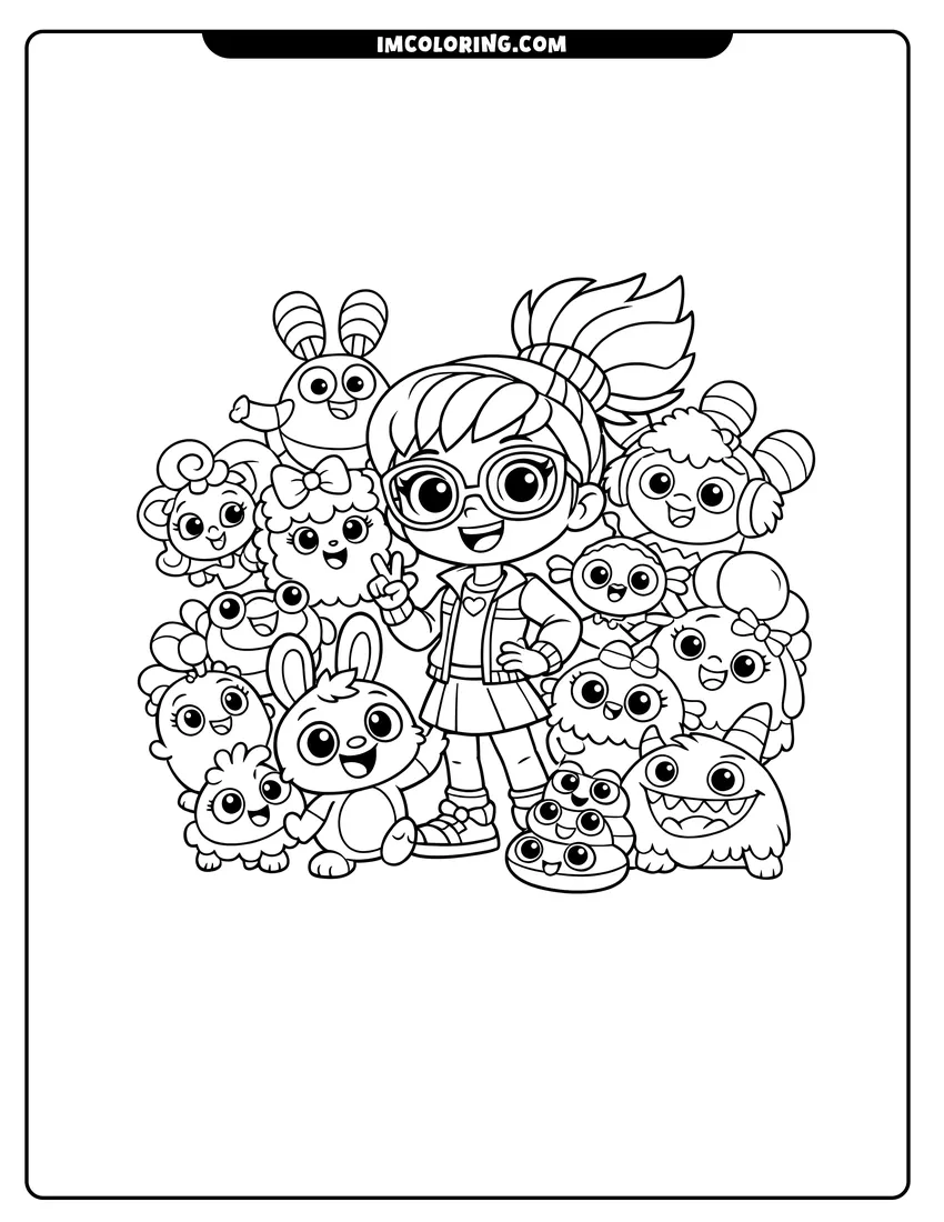Printable outline of Abby Hatcher posing with Fuzzly friends in a room